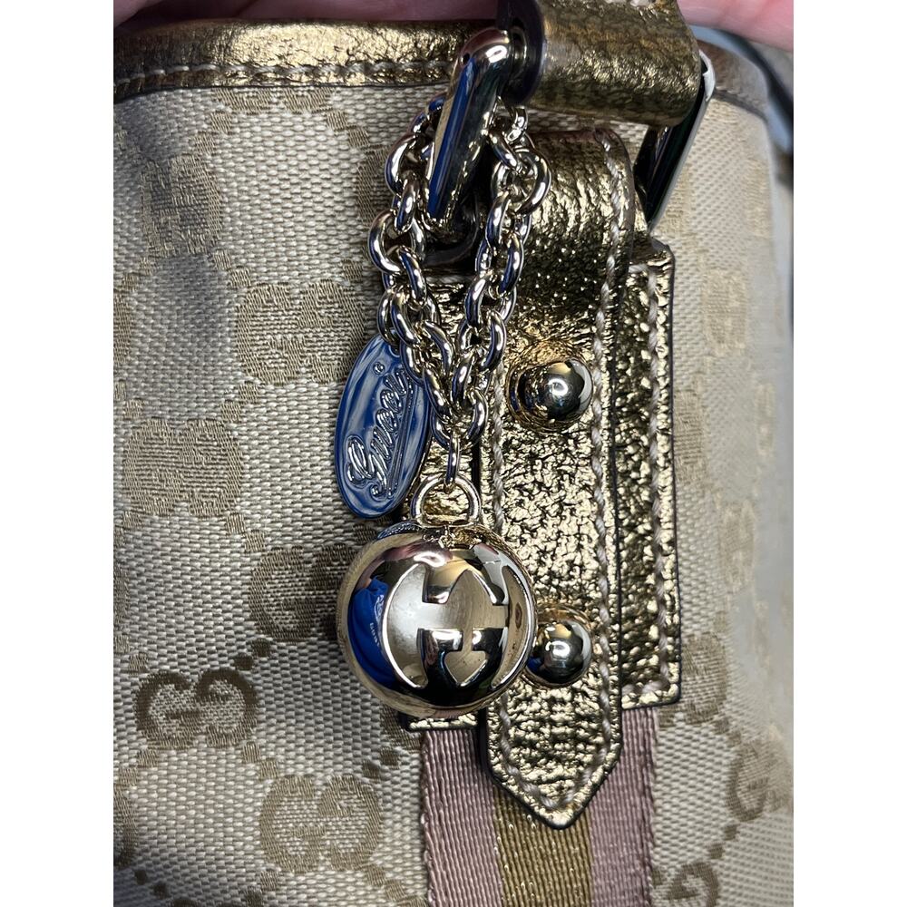 Gucci Jolicoeur GG Canvas Gold Leather Trim Tote Shoulder With Charm Cards Italy - Picture 3 of 15
